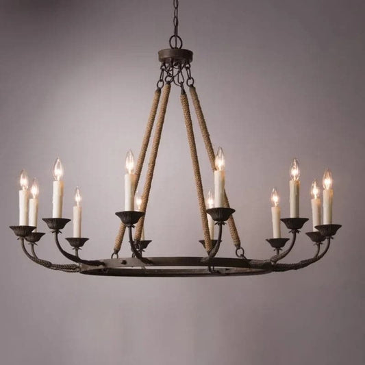 12-Light Candelabra Wagon Wheel Chandelier with Flaxen Hemp Rope