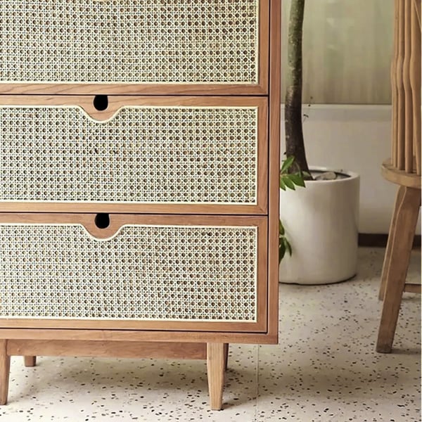 Mid Century Modern Natural 3 Drawers Chest Rattan Woven in Small