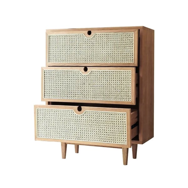 Mid Century Modern Natural 3 Drawers Chest Rattan Woven in Small