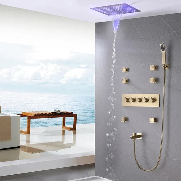 Ceiling-Mounted 16 Inches Shower System in Brushed Gold 4-Function Thermostatic