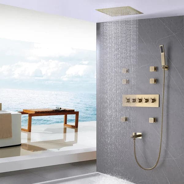 Ceiling-Mounted 16 Inches Shower System in Brushed Gold 4-Function Thermostatic