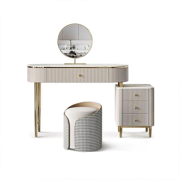 Ensemble de meuble-lavabo de maquillage avec dessus en faux marbre champagne, avec 1 tabouret, 1 armoire et 1 miroir