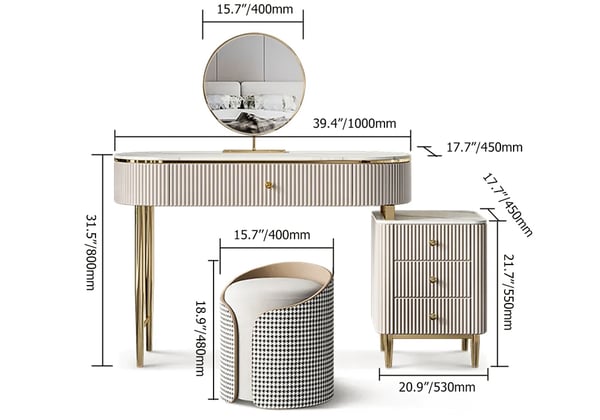 Ensemble de meuble-lavabo de maquillage avec dessus en faux marbre champagne, avec 1 tabouret, 1 armoire et 1 miroir