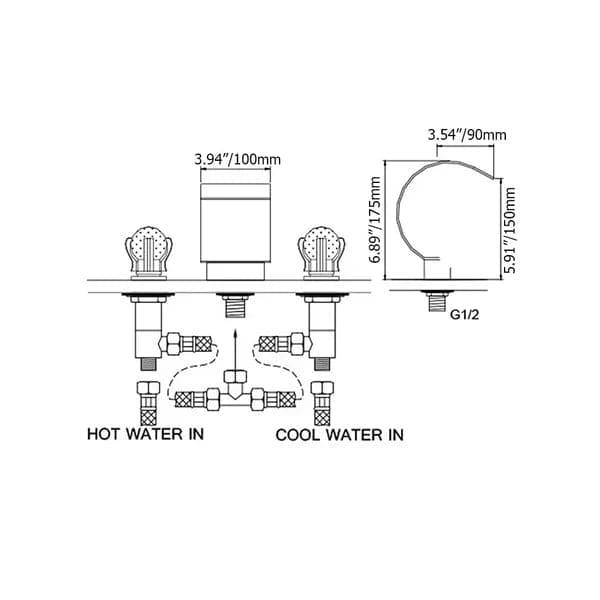 Robinet de lavabo de salle de bains largement répandu avec bec cascade chromé et 2 poignées en cristal