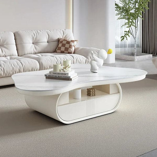 Cloud Coffee Table Wood Irregular Sintered Stone Top in White with Drawer Storage