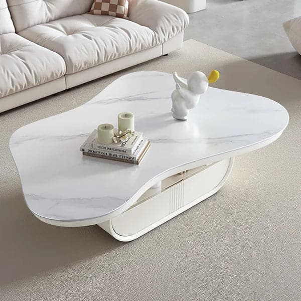Table basse Cloud en bois avec plateau en pierre frittée irrégulière en blanc avec tiroir de rangement