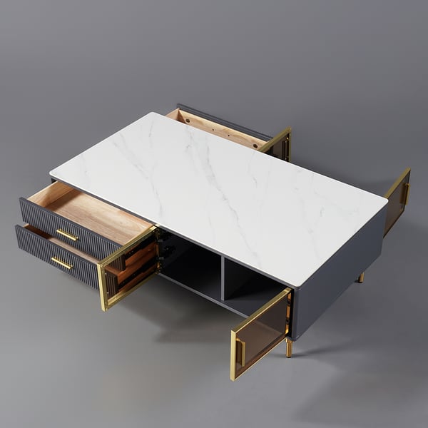 Cofab Modern White&Deep Blue Coffee Table with 2 Glass Door Storage & 4 Drawers Gold Metal Legs#B