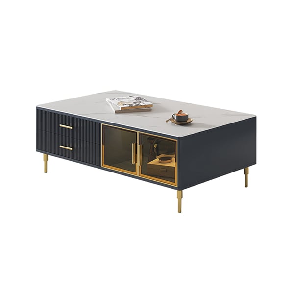 Cofab Modern White&Deep Blue Coffee Table with 2 Glass Door Storage & 4 Drawers Gold Metal Legs#B