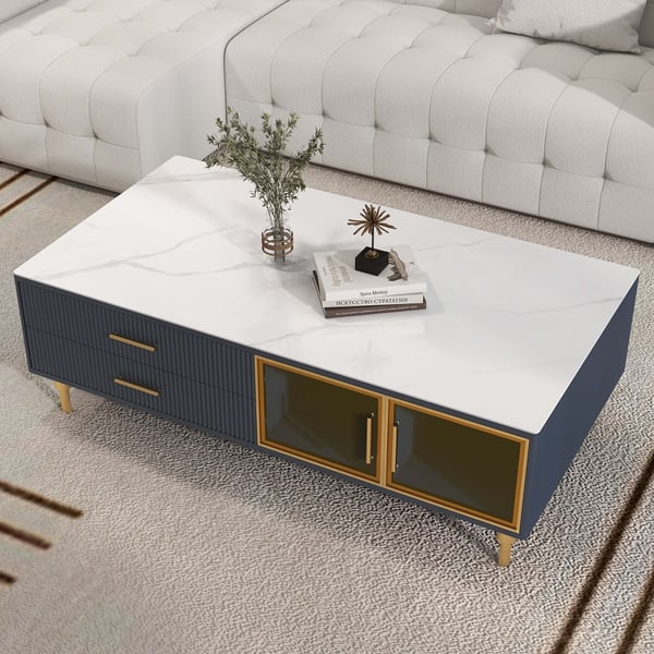 Cofab Modern White&Deep Blue Coffee Table with 2 Glass Door Storage & 4 Drawers Gold Metal Legs#B