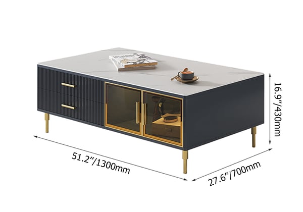Cofab Modern White&Deep Blue Coffee Table with 2 Glass Door Storage & 4 Drawers Gold Metal Legs#B