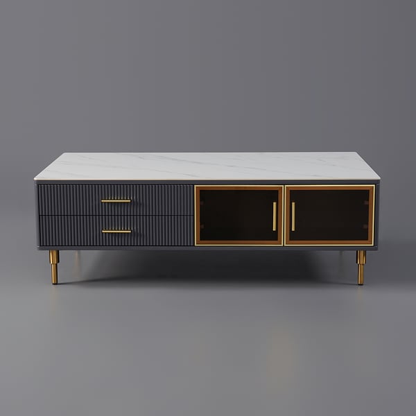 Cofab Modern White&Deep Blue Coffee Table with 2 Glass Door Storage & 4 Drawers Gold Metal Legs#B