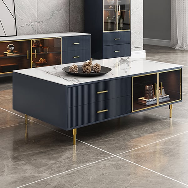 Cofab Modern White&Deep Blue Coffee Table with 2 Glass Door Storage & 4 Drawers Gold Metal Legs#B