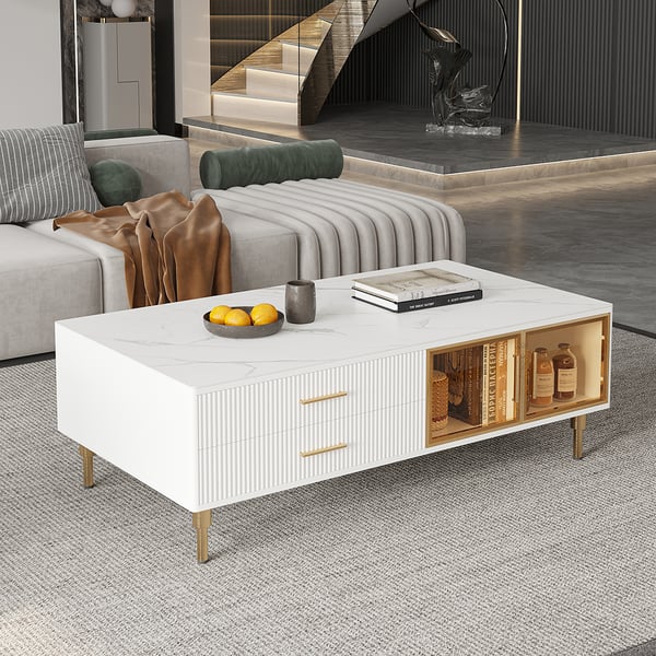 Cofab Modern White&Deep Blue Coffee Table with 2 Glass Door Storage & 4 Drawers Gold Metal Legs#W