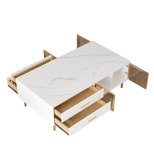 Cofab Modern White&Deep Blue Coffee Table with 2 Glass Door Storage & 4 Drawers Gold Metal Legs#W