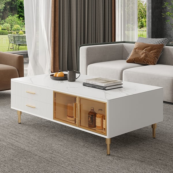 Cofab Modern White&Deep Blue Coffee Table with 2 Glass Door Storage & 4 Drawers Gold Metal Legs#W