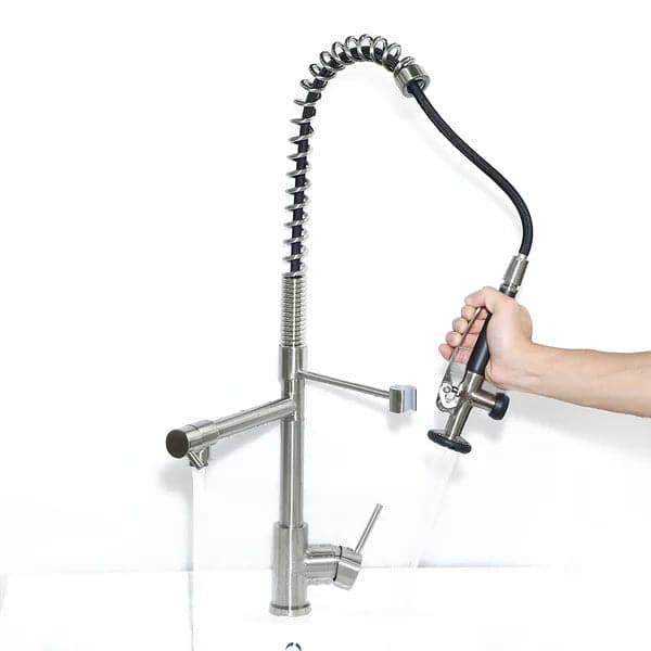 Commercial Pull Down Pre-rinse Spring Sprayer Brushed Nickel Kitchen Sink Faucet with Deck Plate Solid Brass