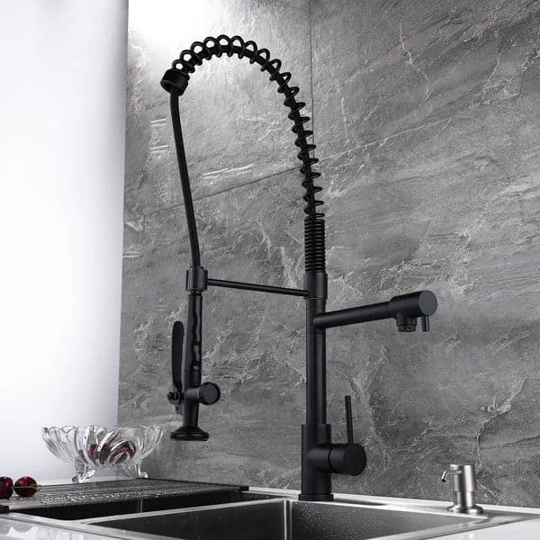 Commercial Pull Down Pre-rinse Spring Sprayer Matte Black Kitchen Sink Faucet with Deck Plate Solid Brass