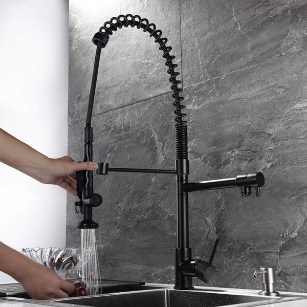 Commercial Pull Down Pre-rinse Spring Sprayer Matte Black Kitchen Sink Faucet with Deck Plate Solid Brass