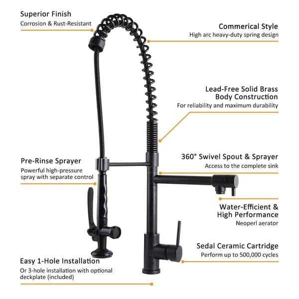 Commercial Pull Down Pre-rinse Spring Sprayer Matte Black Kitchen Sink Faucet with Deck Plate Solid Brass