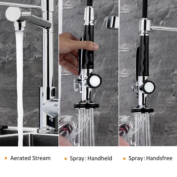 Commercial Pull Down Pre-rinse Spring Sprayer Matte Black Kitchen Sink Faucet with Deck Plate Solid Brass