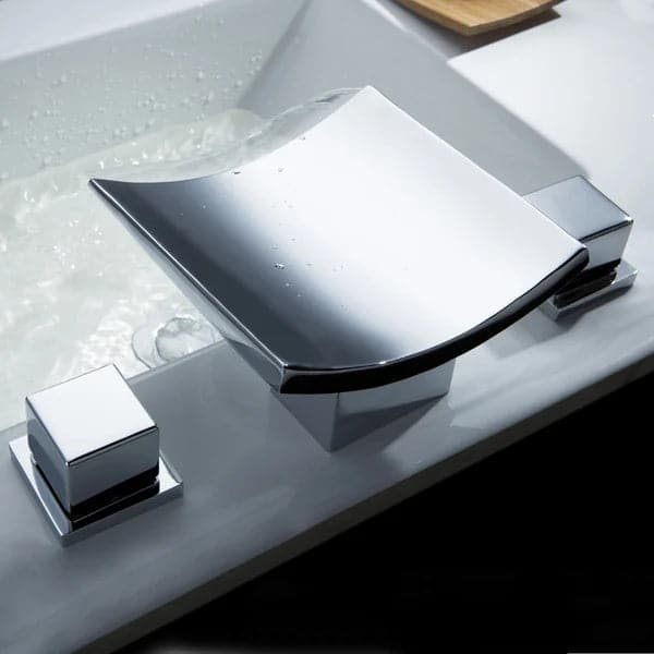 Robinet de lavabo de salle de bains contemporain à double poignée et cascade, chrome poli