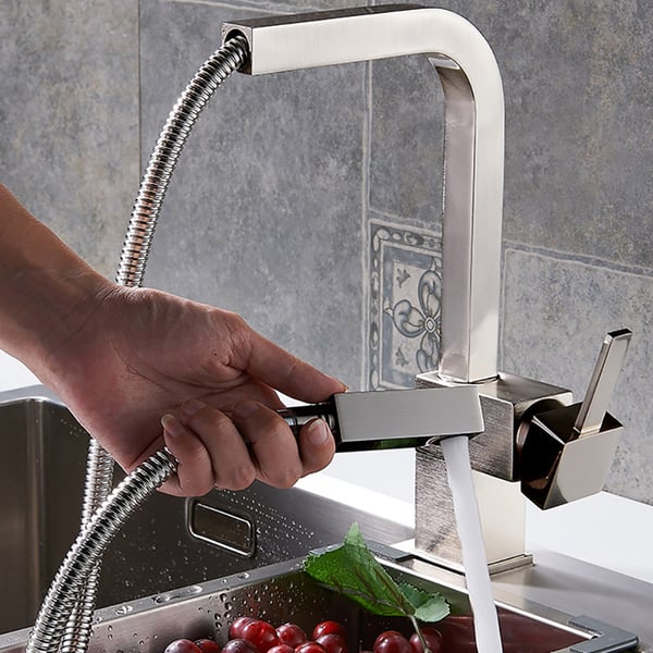 Contemporary Single Handle Square Pull-Out Brass Kitchen Faucet in Brushed Nickel