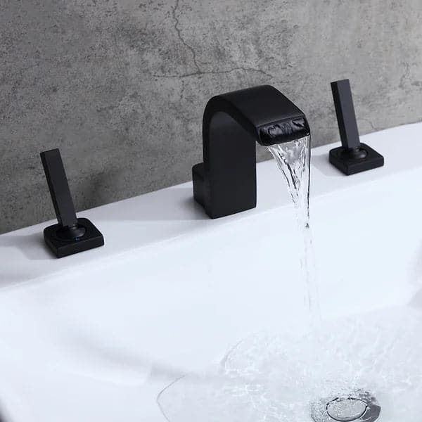 Robinet de lavabo de salle de bains monté sur le pont, bec de cascade répandu contemporain, Double poignée