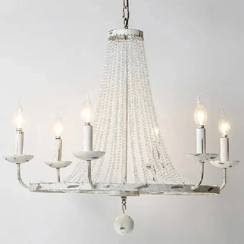 Crylite French Country Candle-Shaped 6-Light Crystal Bead Strands Metal Wheel Chandelier#6-Light