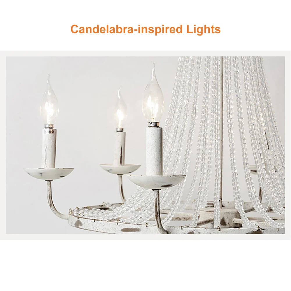 Crylite French Country Candle-Shaped 6-Light Crystal Bead Strands Metal Wheel Chandelier#6-Light