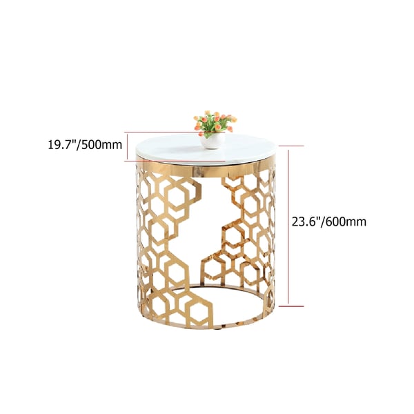 Gold Glam Round End Table with Marble Top Side Table