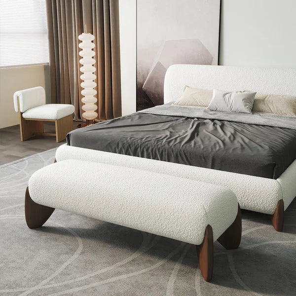 Curva Banc de chambre à coucher moderne en boucle blanche, long banc rembourré avec pieds en bois