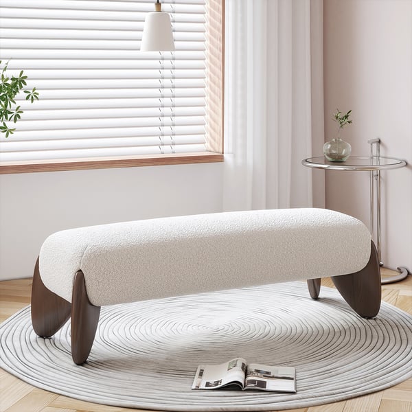 Curva Banc de chambre à coucher moderne en boucle blanche, long banc rembourré avec pieds en bois