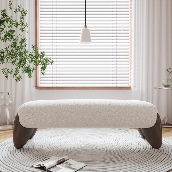 Curva Banc de chambre à coucher moderne en boucle blanche, long banc rembourré avec pieds en bois