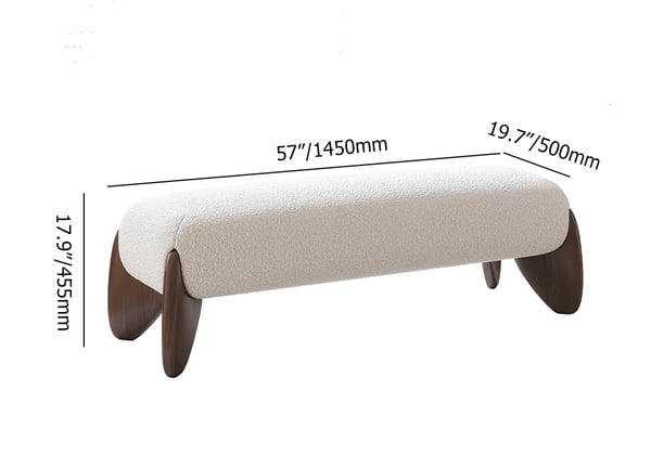 Curva Modern White Boucle Bedroom Bench Upholstered Long Bench with Wood Legs