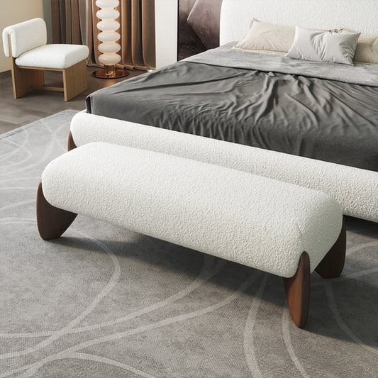 Curva Banc de chambre à coucher moderne en boucle blanche, long banc rembourré avec pieds en bois