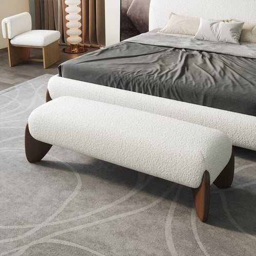 Curva Modern White Boucle Platform Bed King Size Bed Frame with Upholstered  Headboard