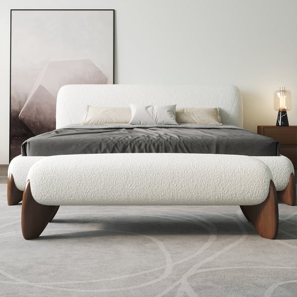 Curva Modern White Boucle Bedroom Bench Upholstered Long Bench with Wood Legs