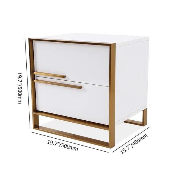 Modern 2 Drawers White Lacquer Nightstand Square Bedside Table in Gold Left