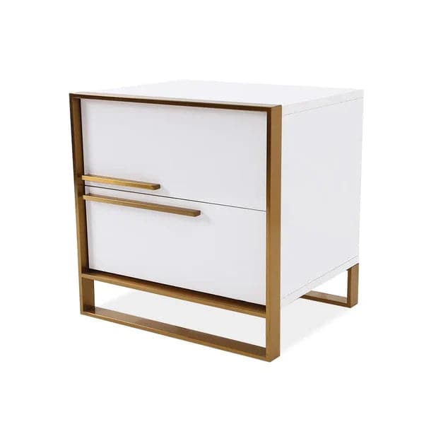 Modern 2 Drawers White Lacquer Nightstand Square Bedside Table in Gold Left