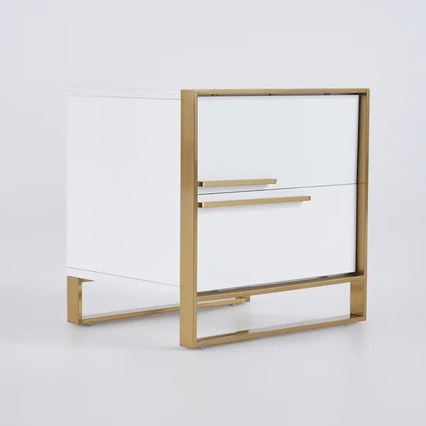 Modern 2 Drawers White Lacquer Nightstand Square Bedside Table in Gold Left