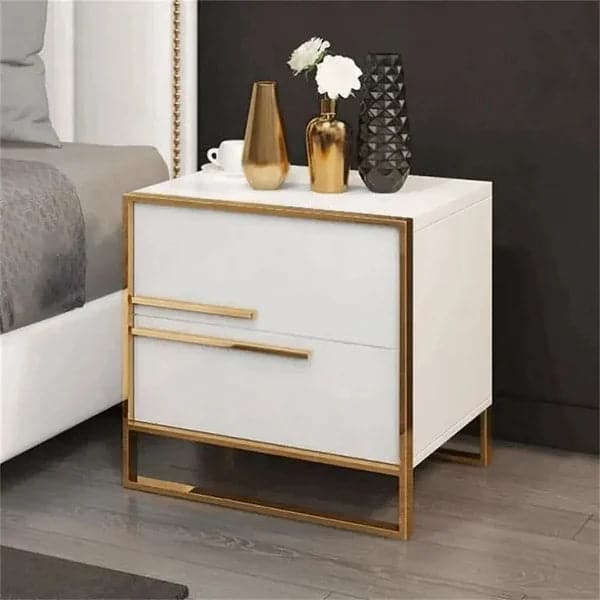 Modern 2 Drawers White Lacquer Nightstand Square Bedside Table in Gold Left