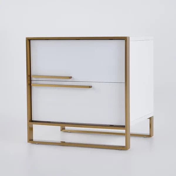 Modern 2 Drawers White Lacquer Nightstand Square Bedside Table in Gold Left