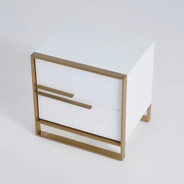 Modern 2 Drawers White Lacquer Nightstand Square Bedside Table in Gold Left