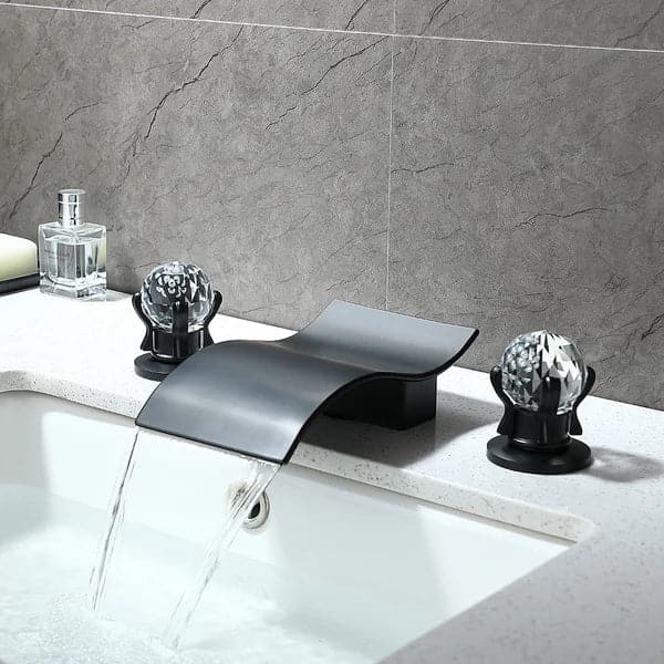 Deck Mount Widespread Waterfall 2 Crystal Handle Bathroom Sink Faucet in Black