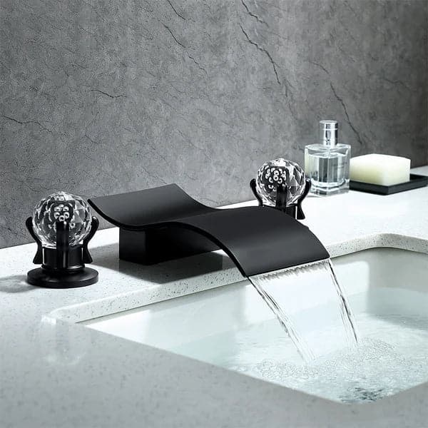 Deck Mount Widespread Waterfall 2 Crystal Handle Bathroom Sink Faucet in Black