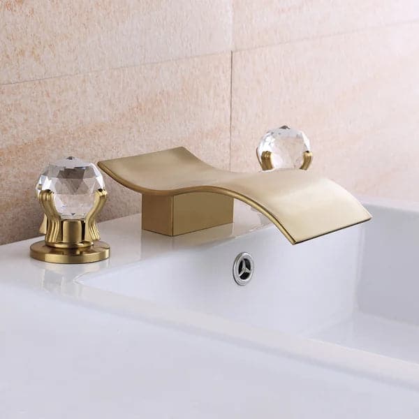 Deck Mount Widespread Waterfall 2 Crystal Handle Bathroom Sink Faucet in Brushed Gold