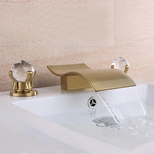 Deck Mount Widespread Waterfall 2 Crystal Handle Bathroom Sink Faucet in Brushed Gold