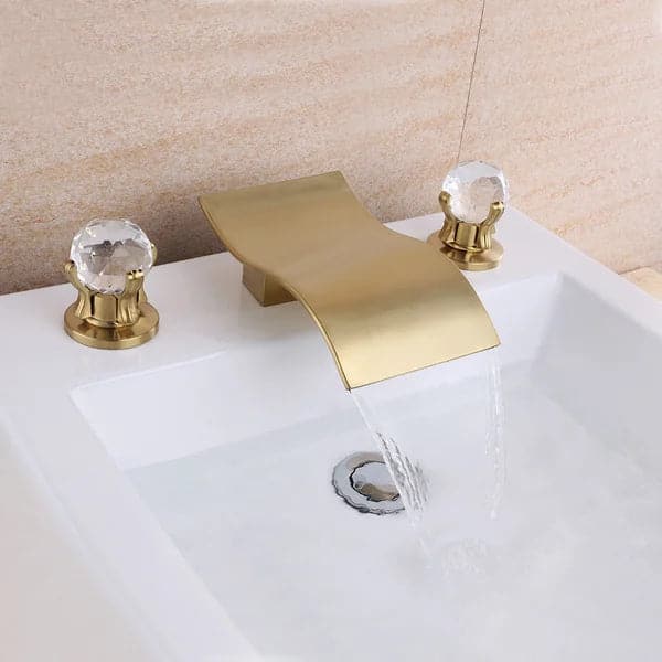 Deck Mount Widespread Waterfall 2 Crystal Handle Bathroom Sink Faucet in Brushed Gold