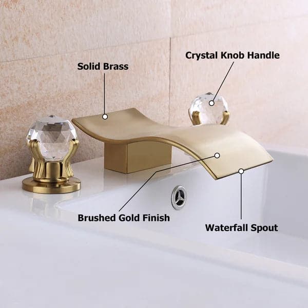 Deck Mount Widespread Waterfall 2 Crystal Handle Bathroom Sink Faucet in Brushed Gold