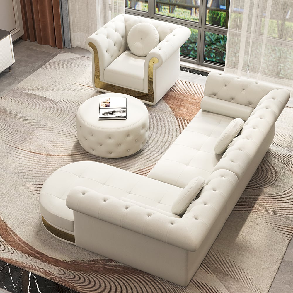 Dodiy Modern L-Shaped White Tufted Corner Sectional Sofa 6-Seater with Ottoman & Pillows